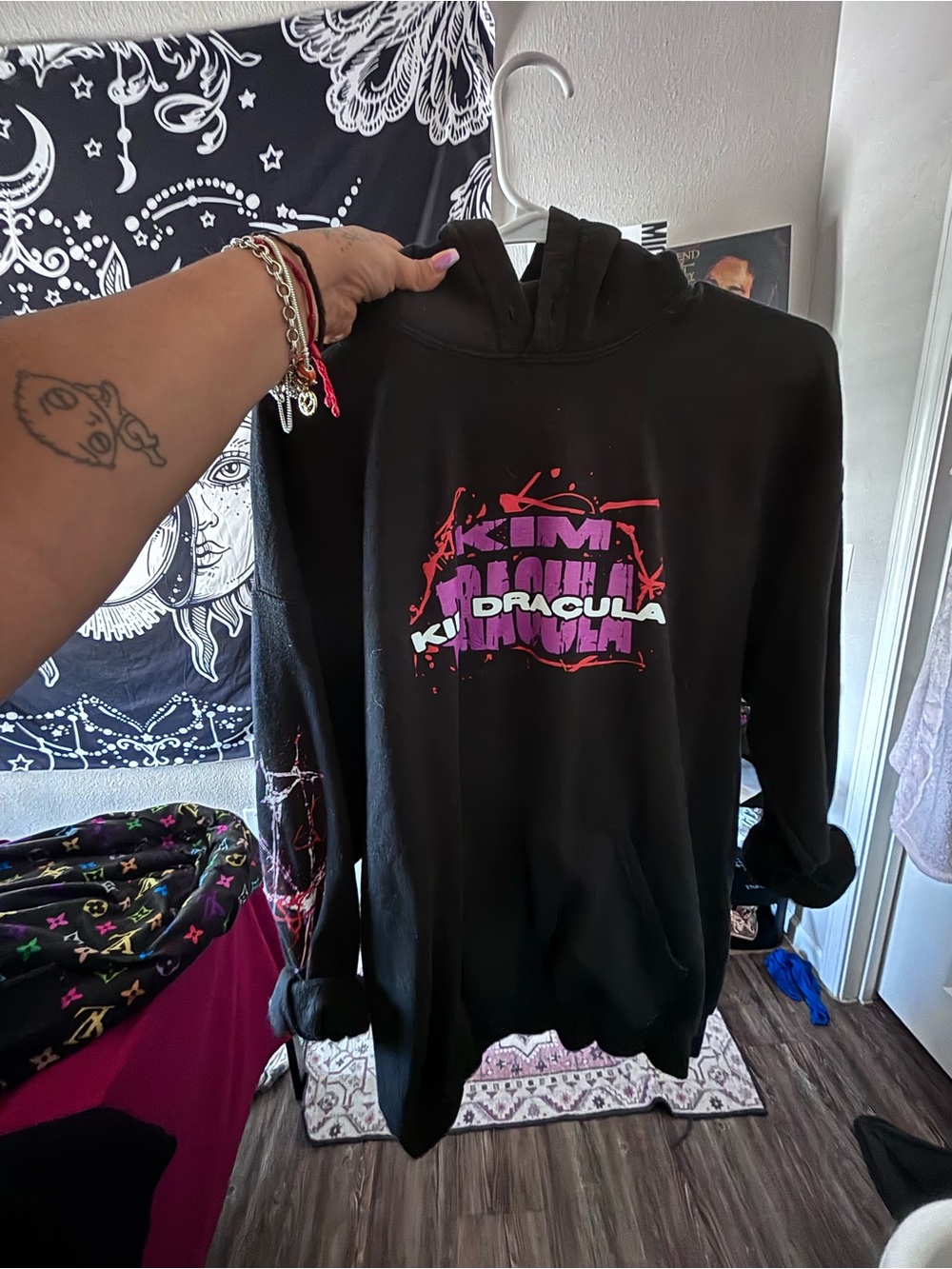 Black 'Dracula' Graphic Hoodie in Purple & Pink
